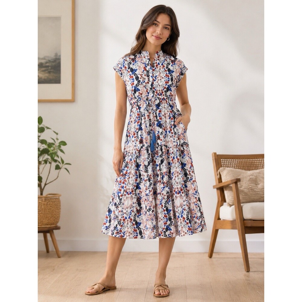 RO’S Garden Floral Midi Dress Cotton Button Front